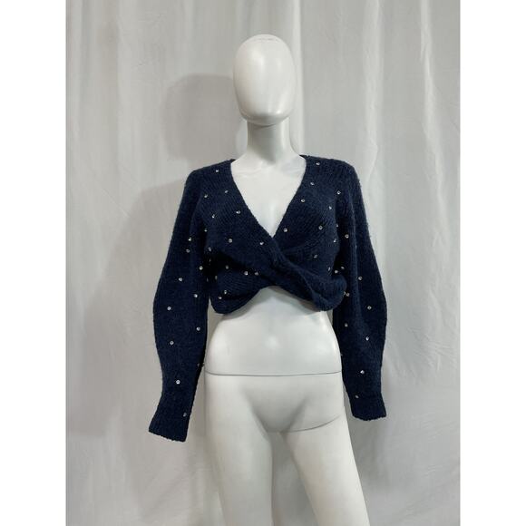 Self-Portrait 'Diamonte' Navy Cropped Twist-Front Sweater Size S